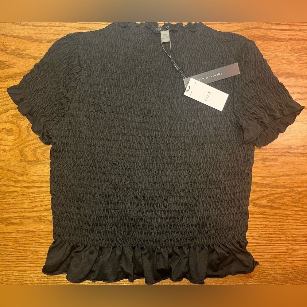 T Tahari Womens Black Smocked Top